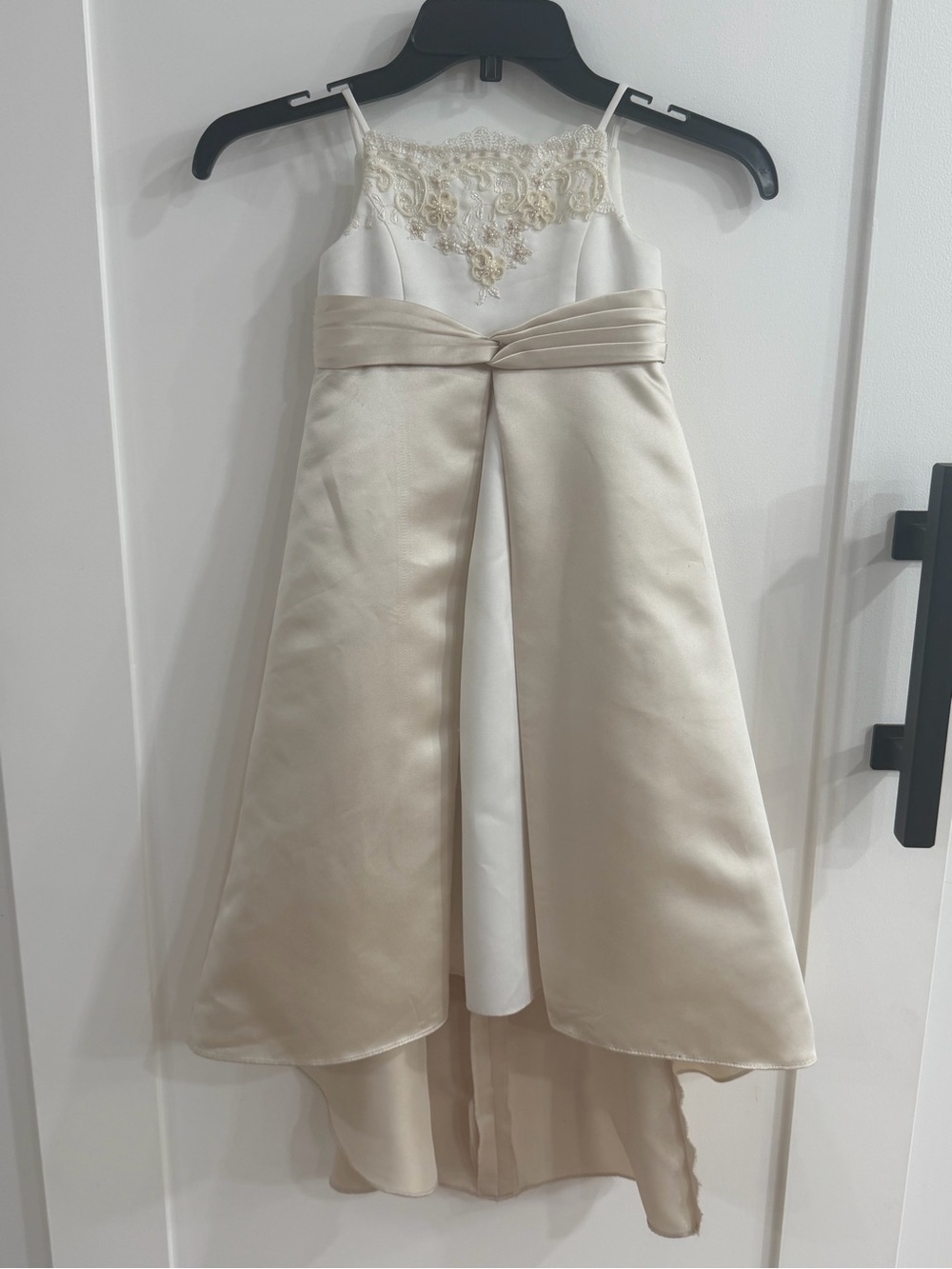 David's Bridal 2T Flower Girl Satin Dress High-Low Train - Ivory/Champagne